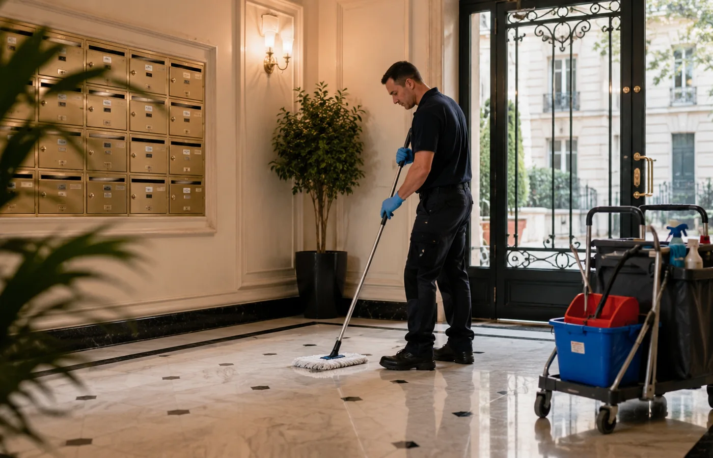 Agent Arcadia assurant le nettoyage général de locaux professionnels